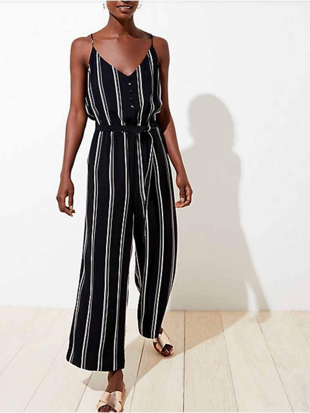 LOFT Black and White Vertical-Stripe Spaghetti-Strap Jumpsuit